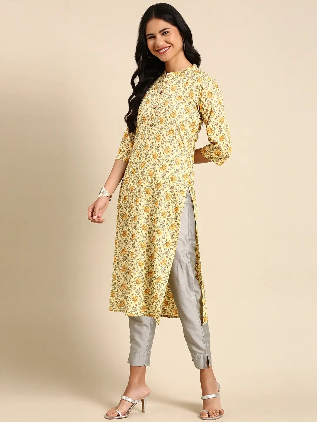 Women's Yellow Printed Straight Kurta