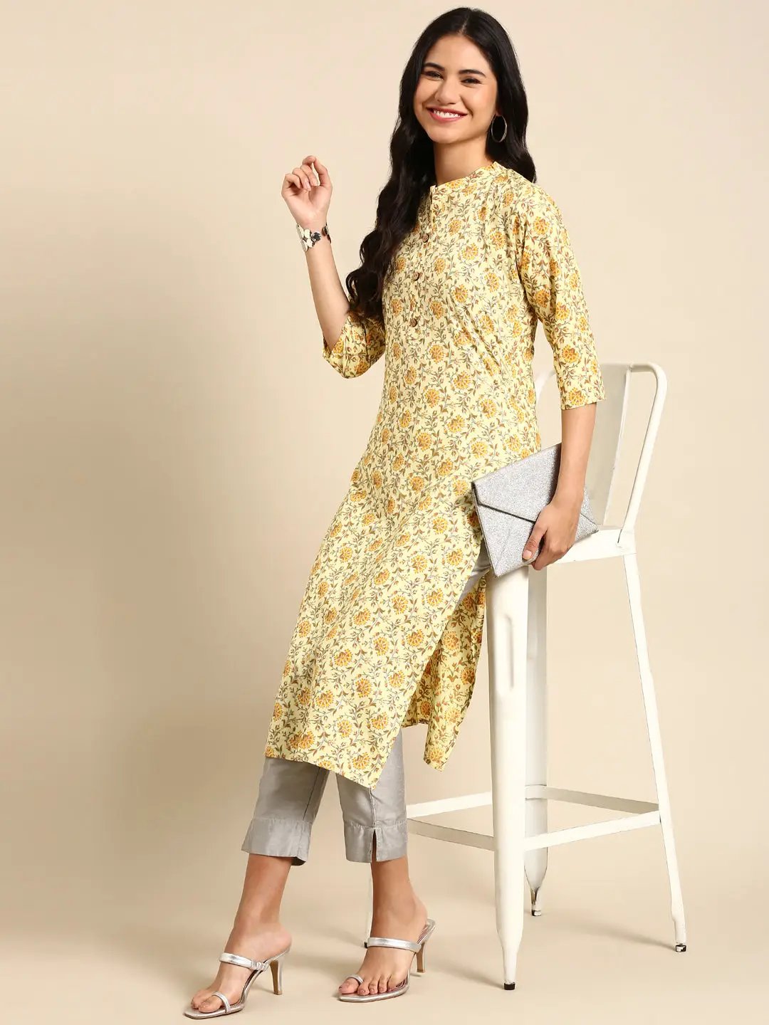 Women's Yellow Printed Straight Kurta