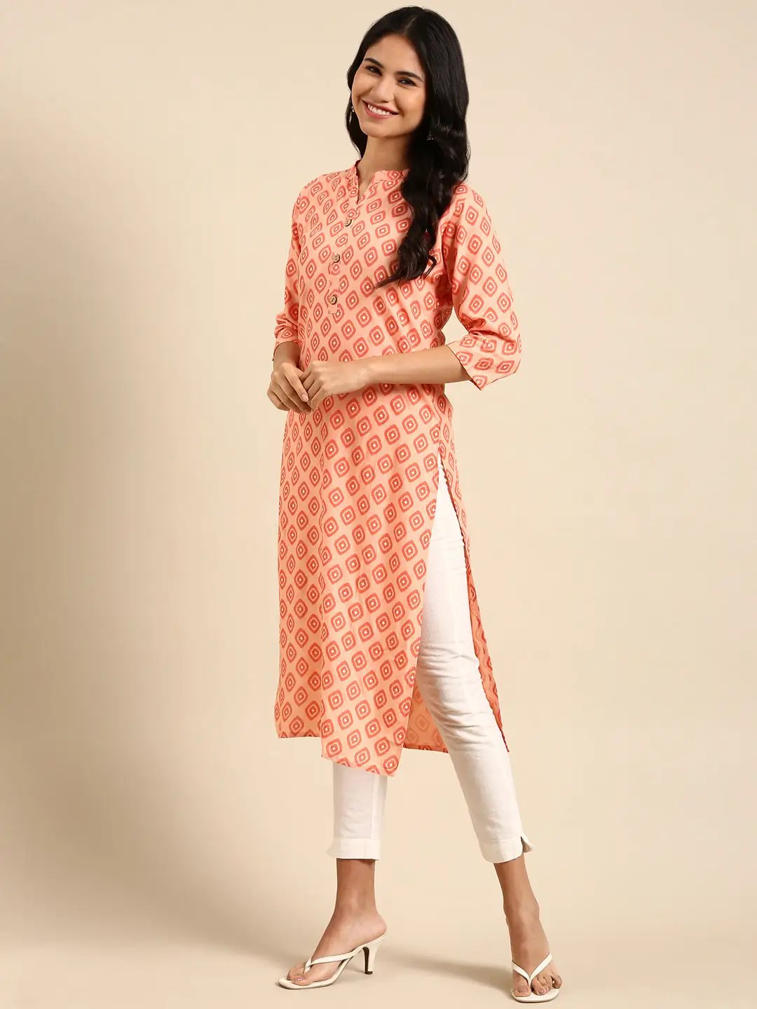 Women's Orange Printed Straight Kurta