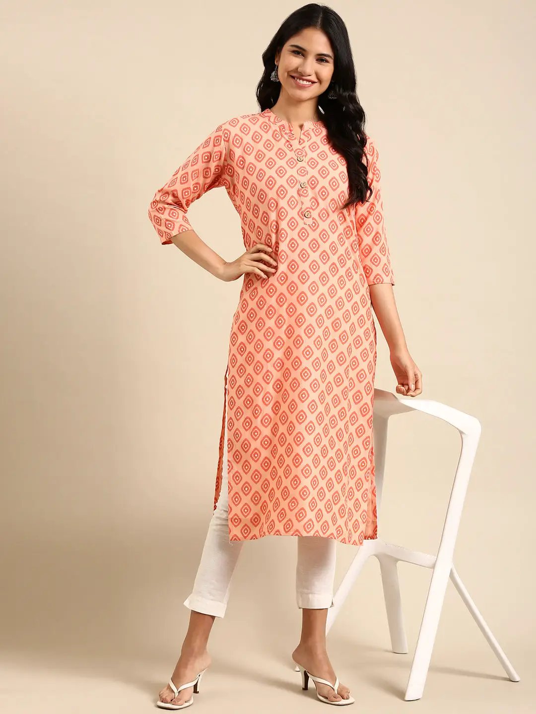 Women's Orange Printed Straight Kurta
