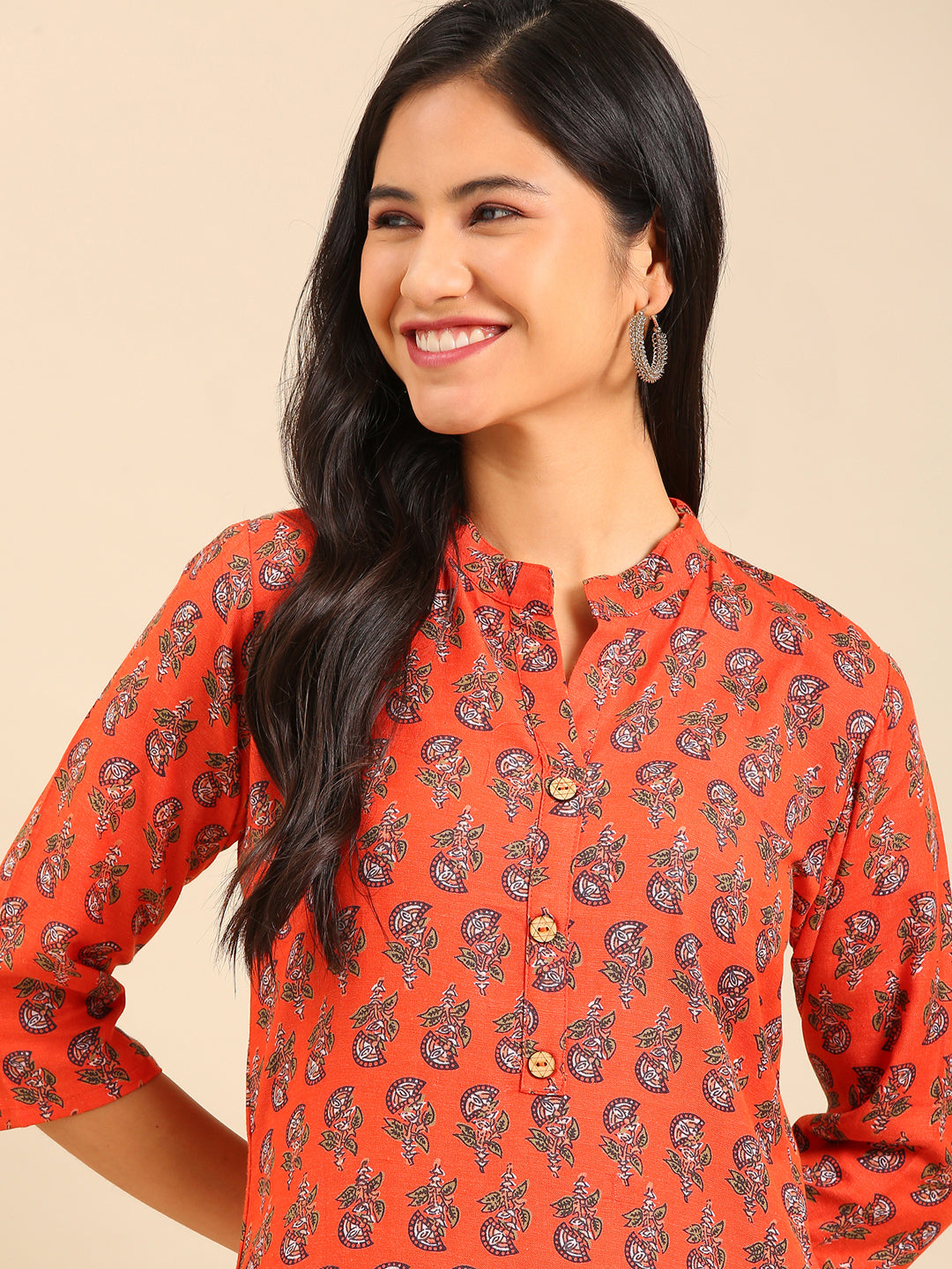 Women's Orange Printed Straight Kurta