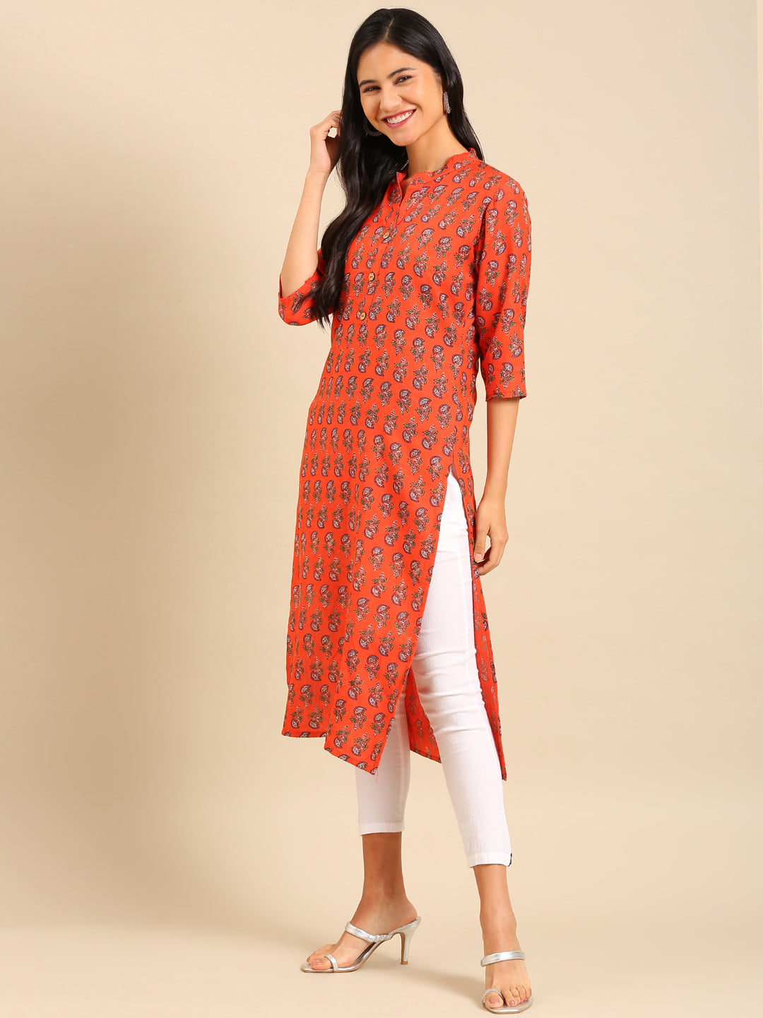 Women's Orange Printed Straight Kurta