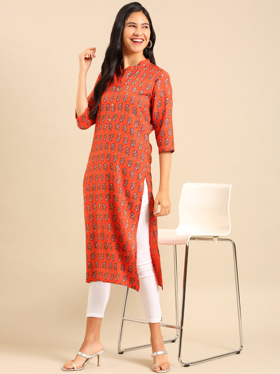 Women's Orange Printed Straight Kurta