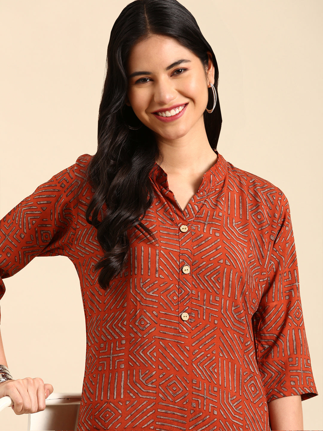 Women's Orange Printed Straight Kurta