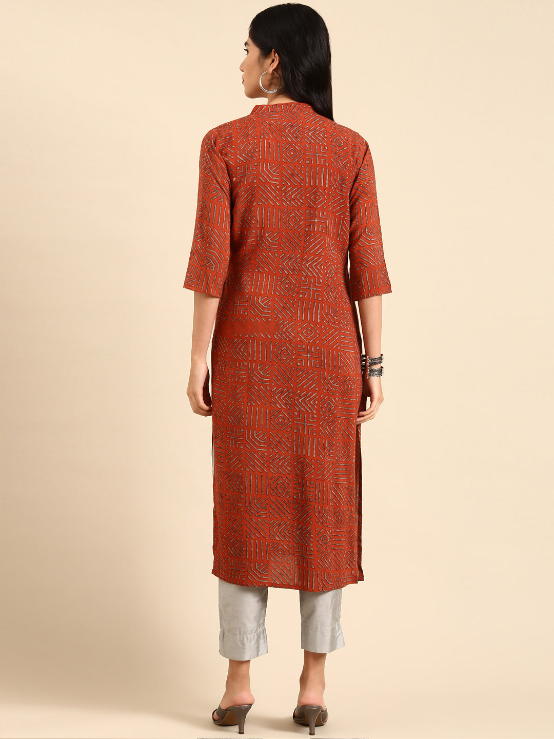 Women's Orange Printed Straight Kurta