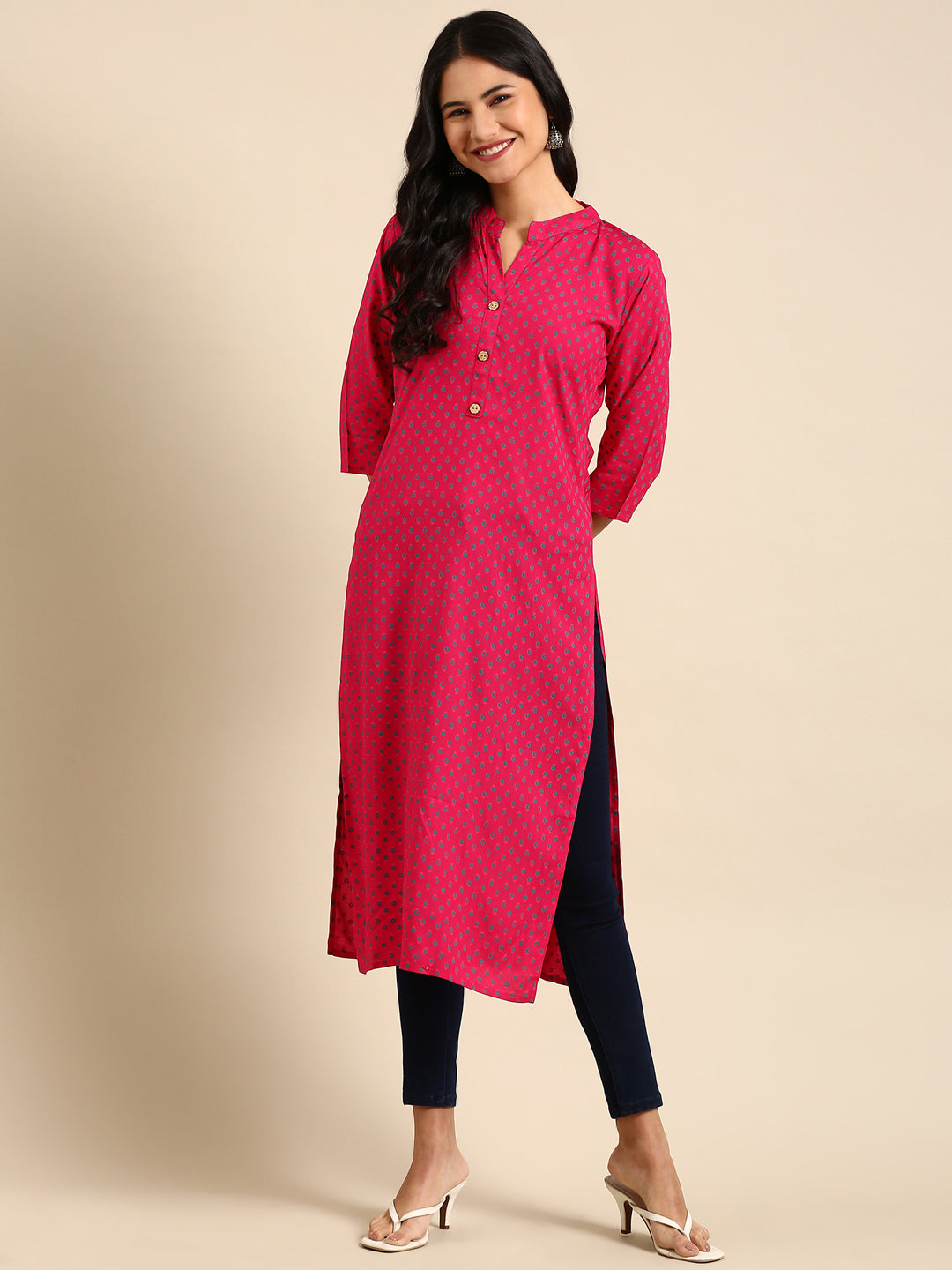 Women's Pink Printed Straight Kurta