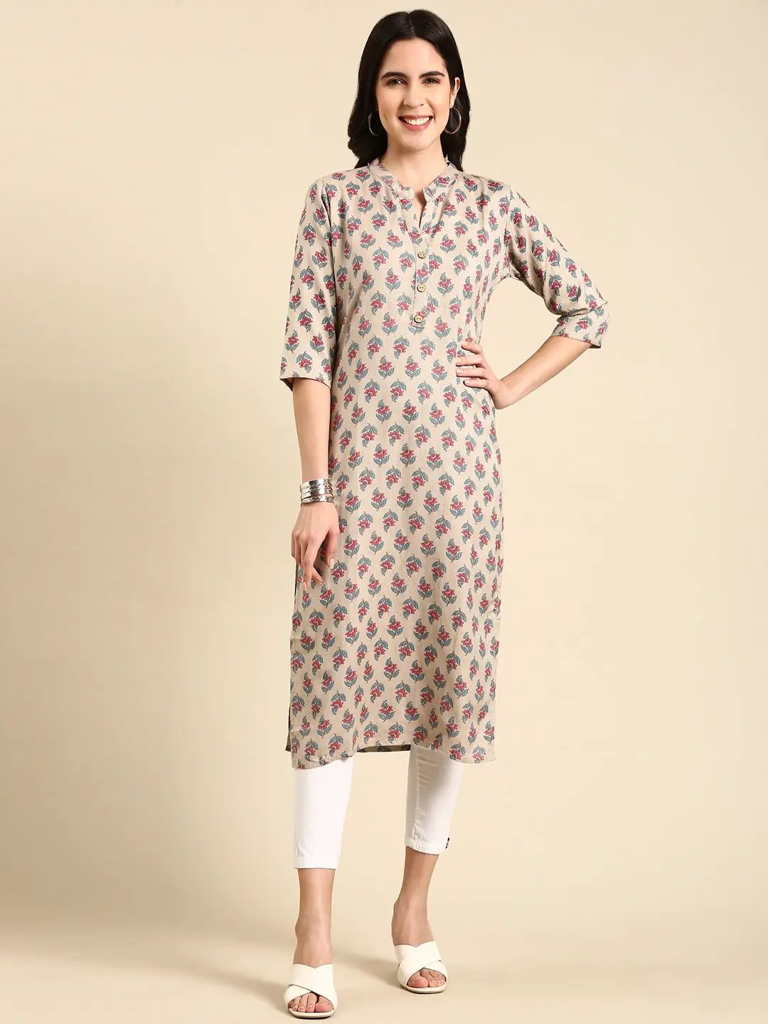 Women's Beige Printed Straight Kurta