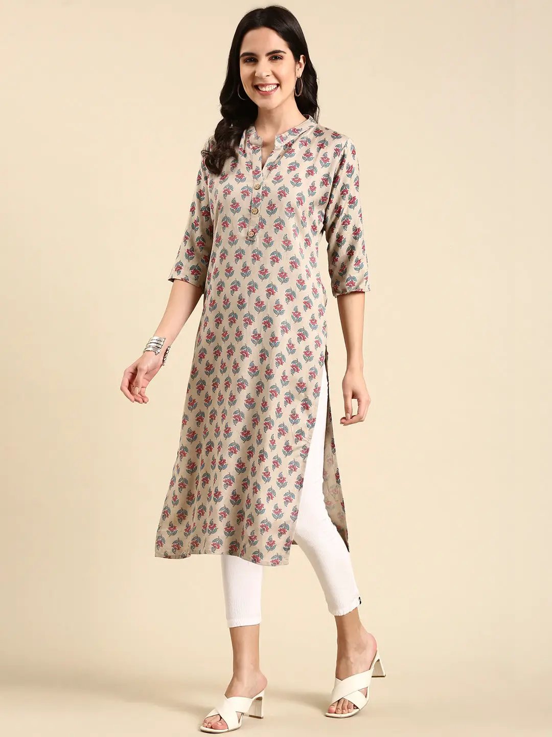Women's Beige Printed Straight Kurta
