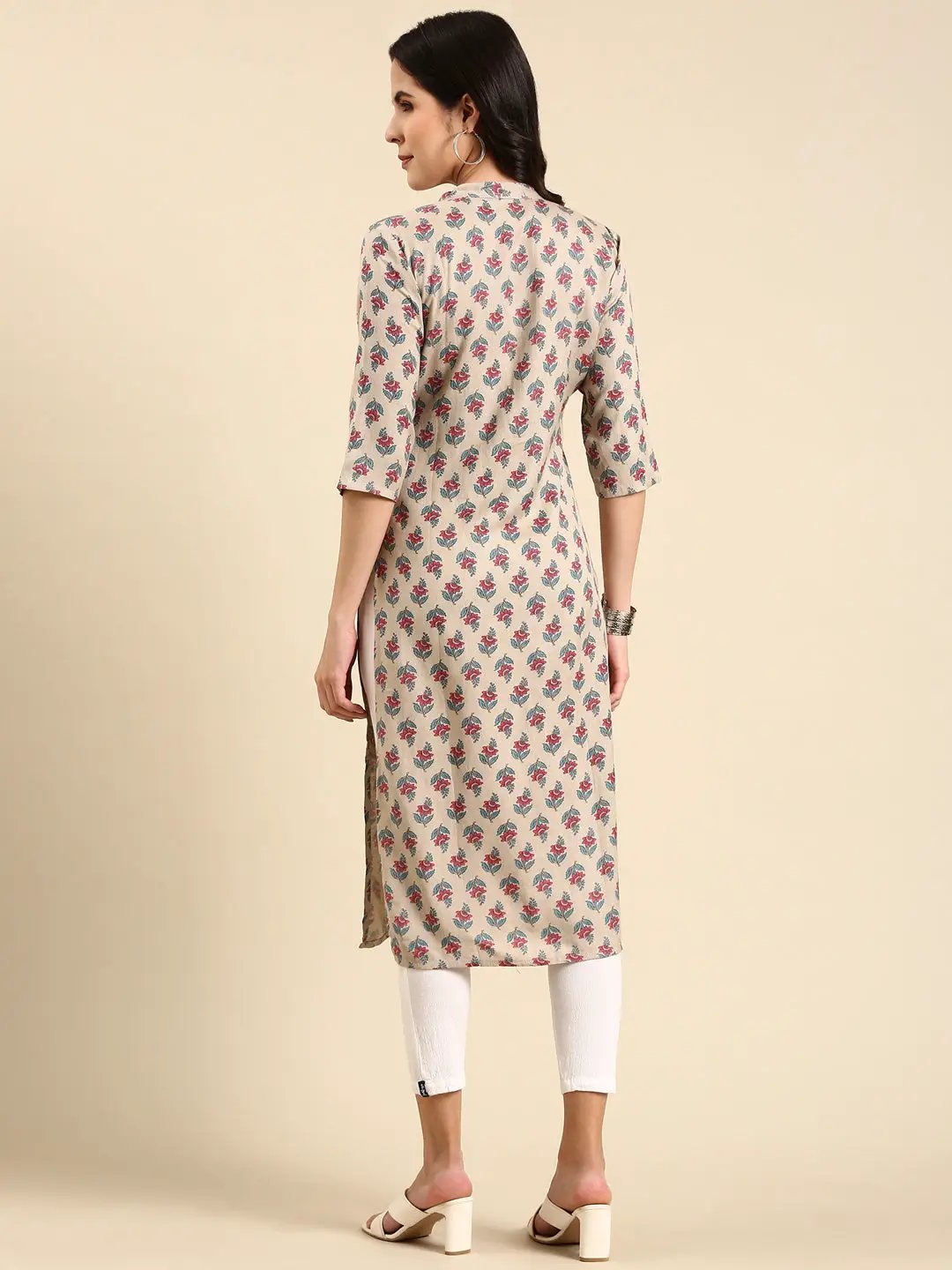 Women's Beige Printed Straight Kurta