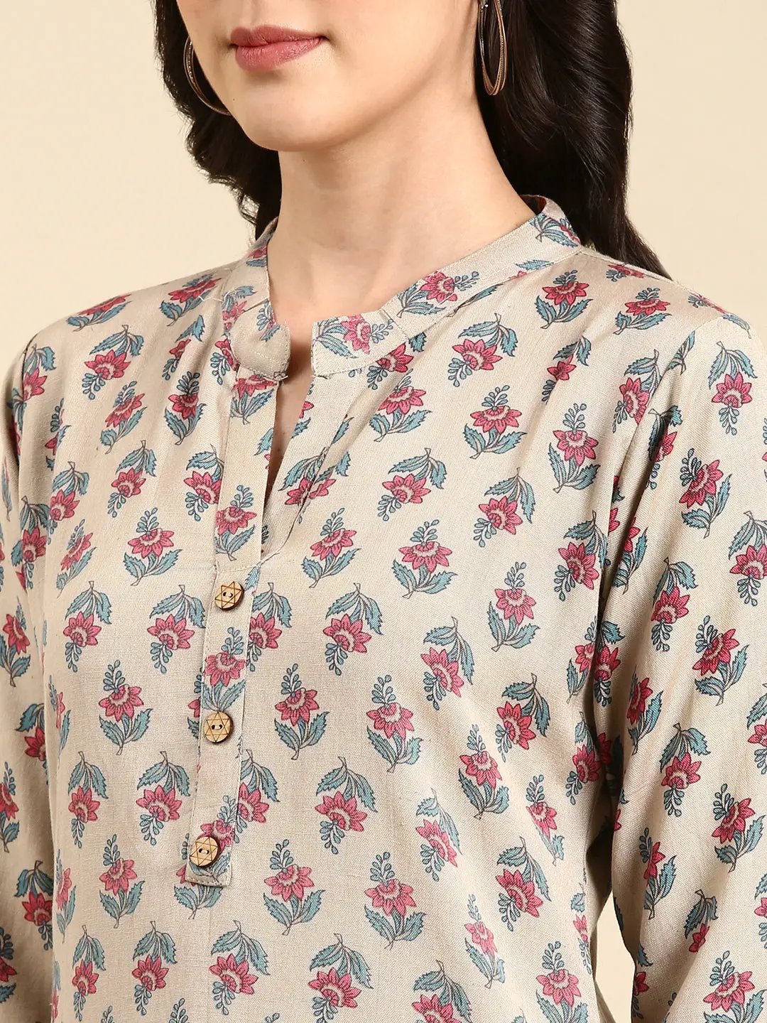 Women's Beige Printed Straight Kurta