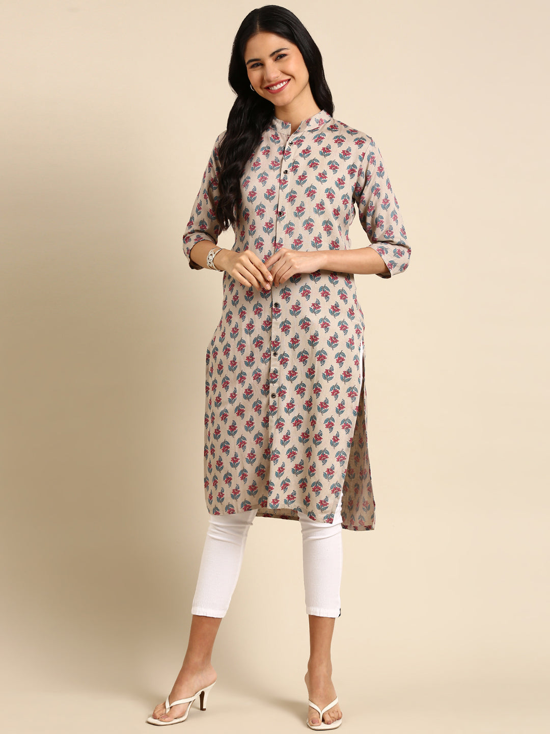 Women's Grey Printed Straight Kurta