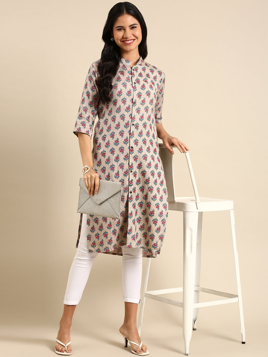 Women's Grey Printed Straight Kurta