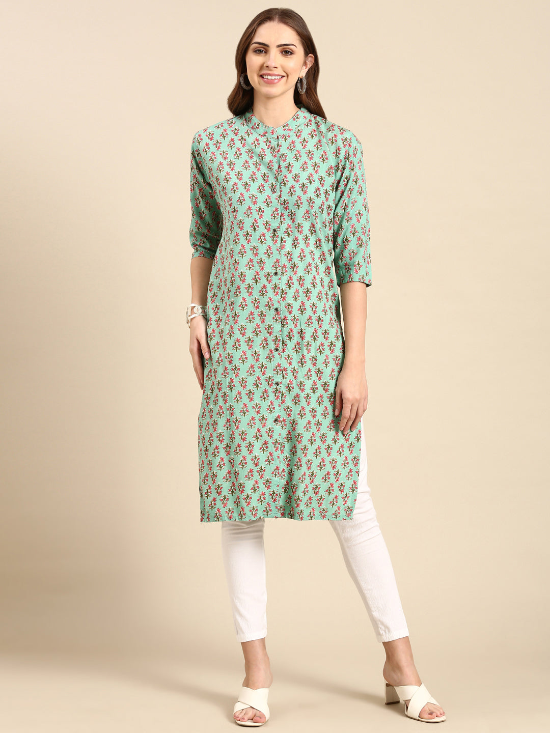 Women's Sea Green Printed Straight Kurta