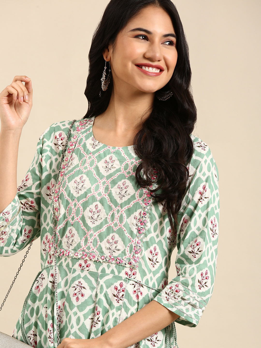 Women's Sea Green Printed Anarkali Kurta