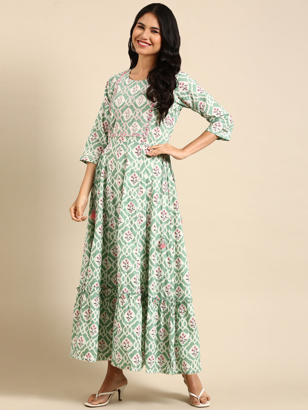 Women's Sea Green Printed Anarkali Kurta