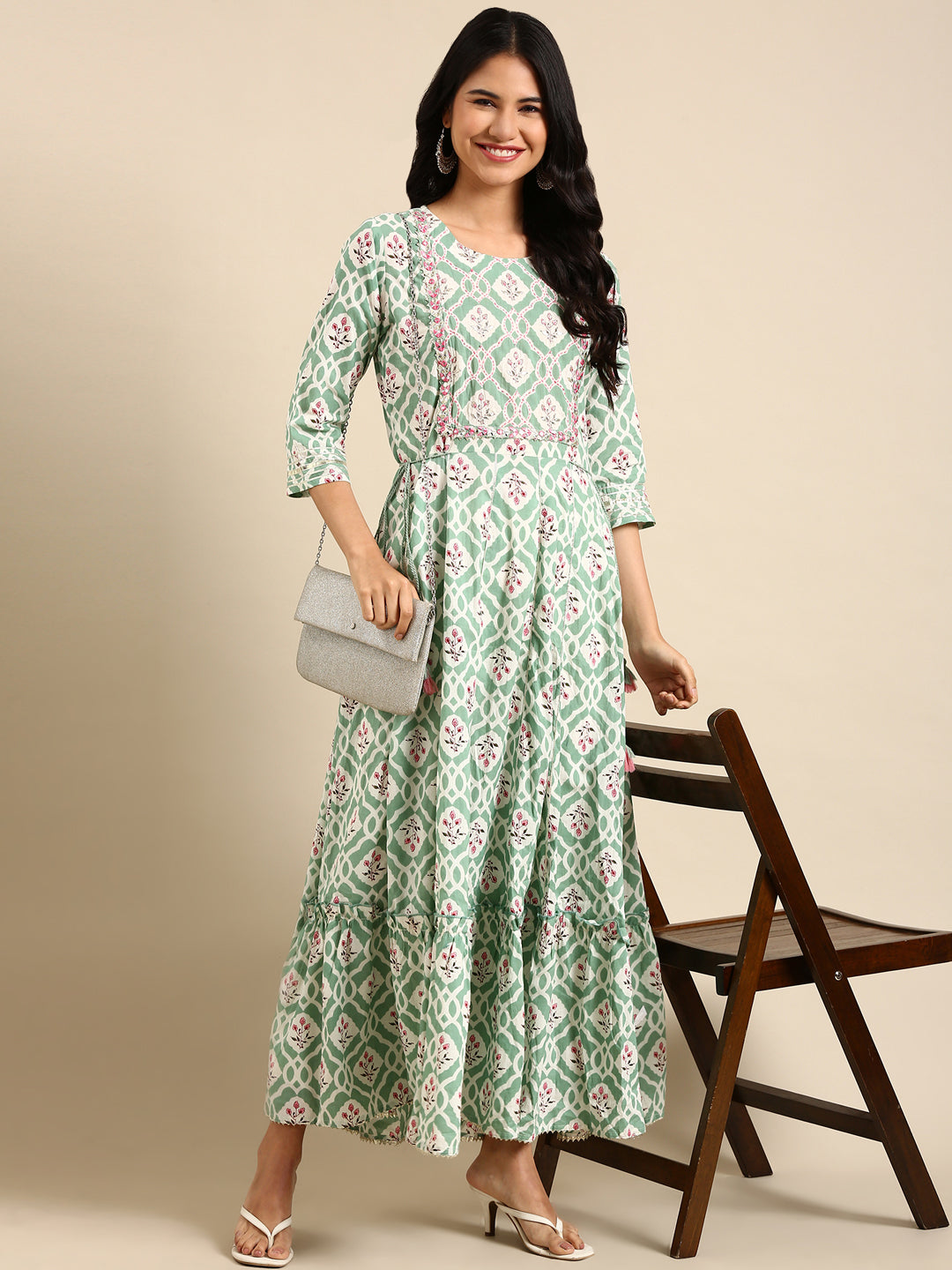 Women's Sea Green Printed Anarkali Kurta