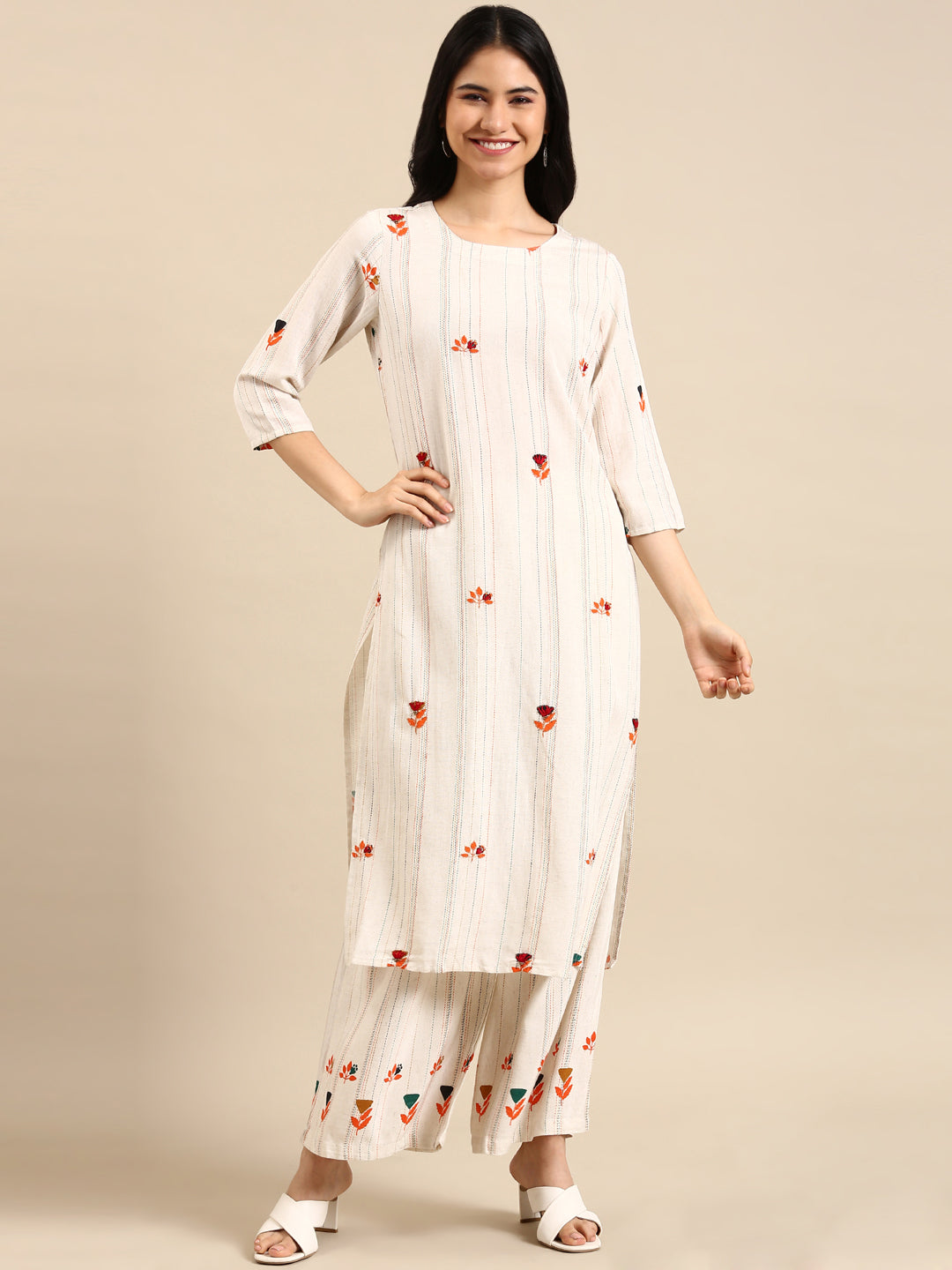 Women's White Striped Kurta Set