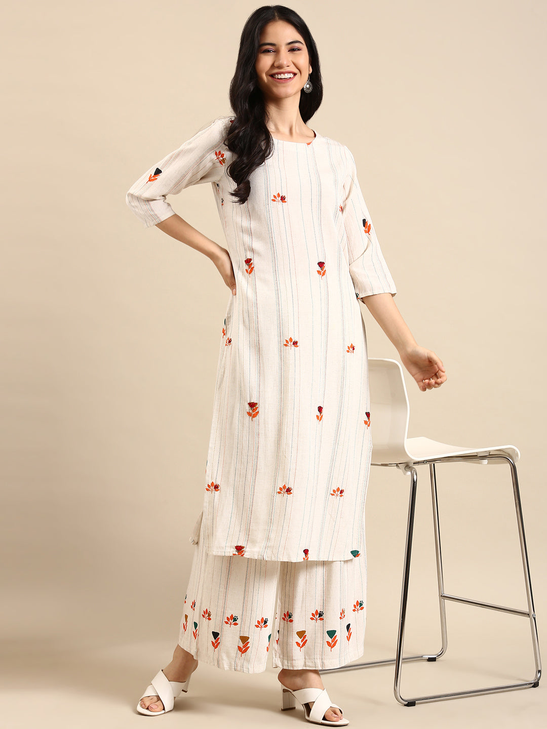 Women's White Striped Kurta Set