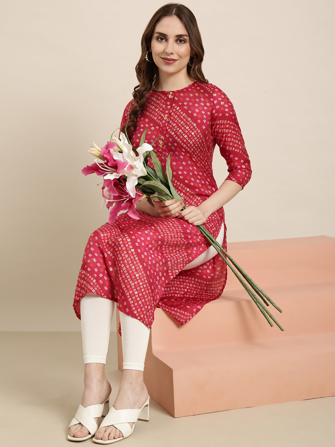 Women Straight Pink Bandhani Kurta