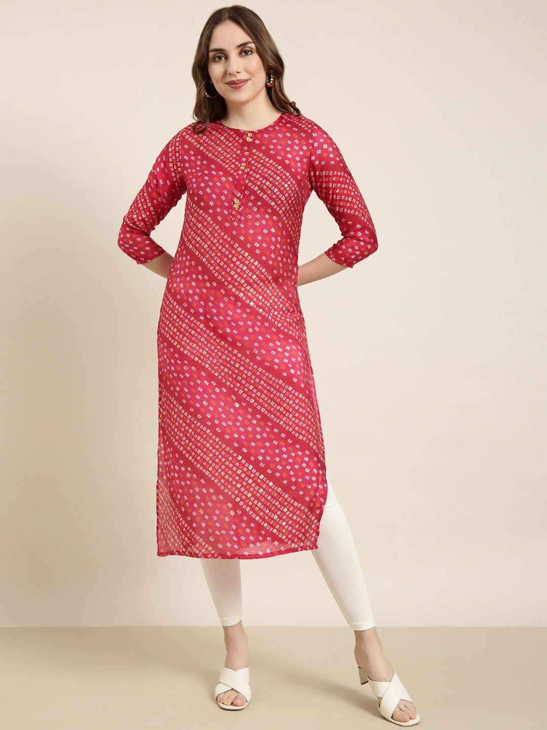 Women Straight Pink Bandhani Kurta