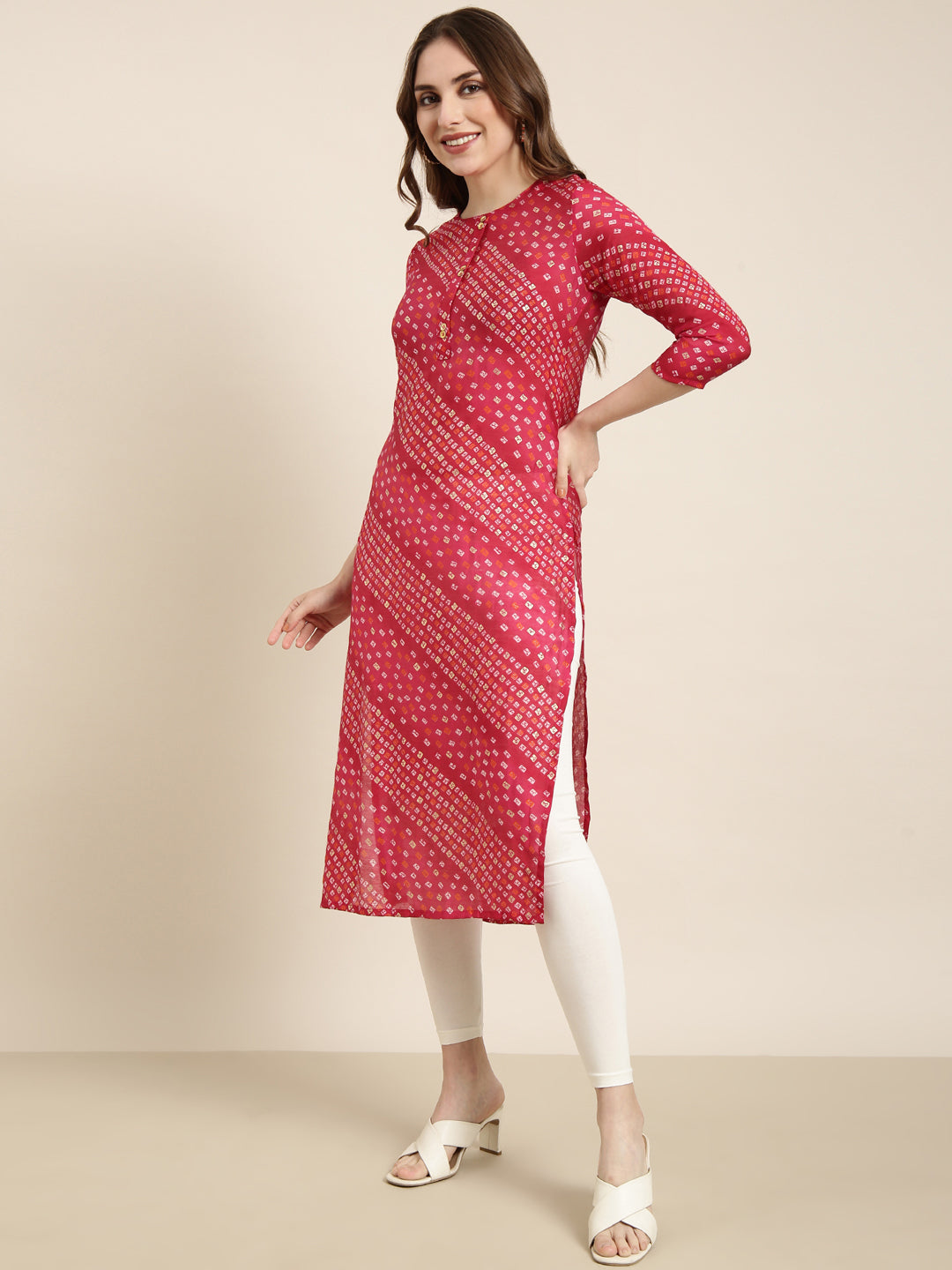 Women Straight Pink Bandhani Kurta