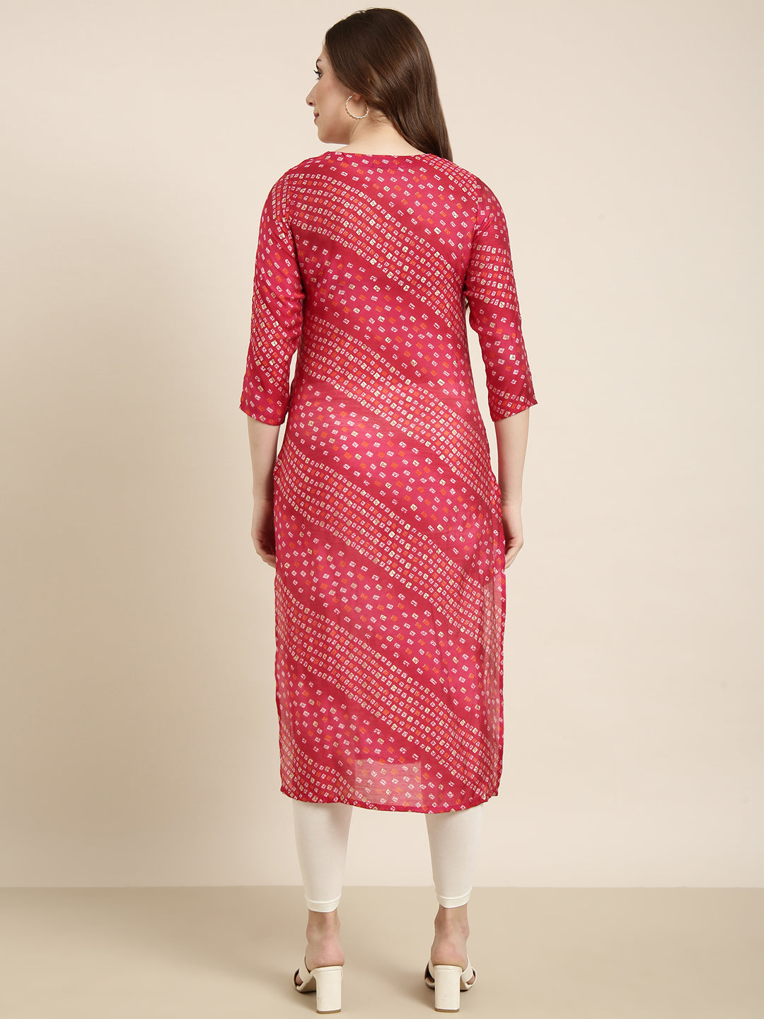 Women Straight Pink Bandhani Kurta