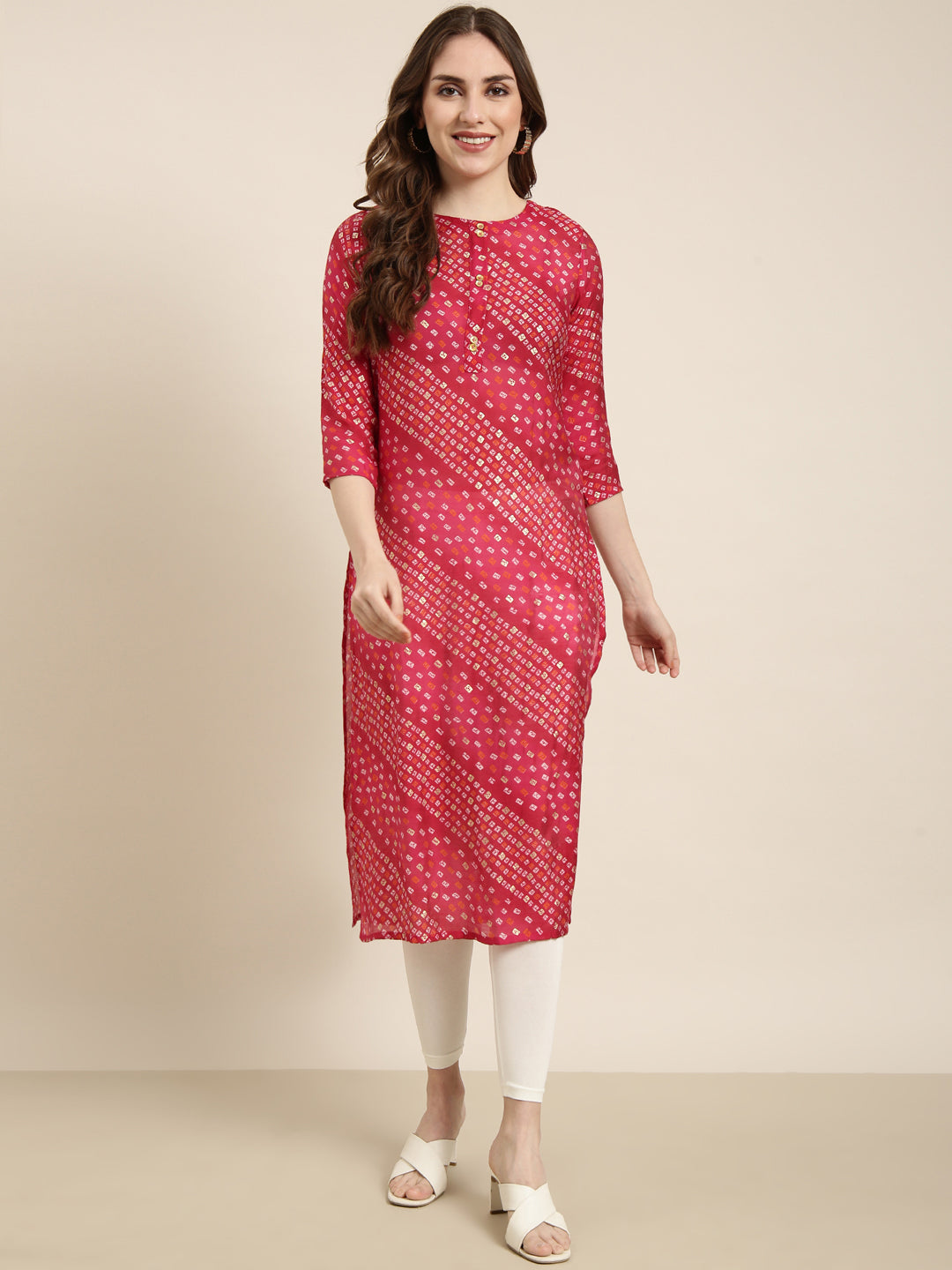 Women Straight Pink Bandhani Kurta