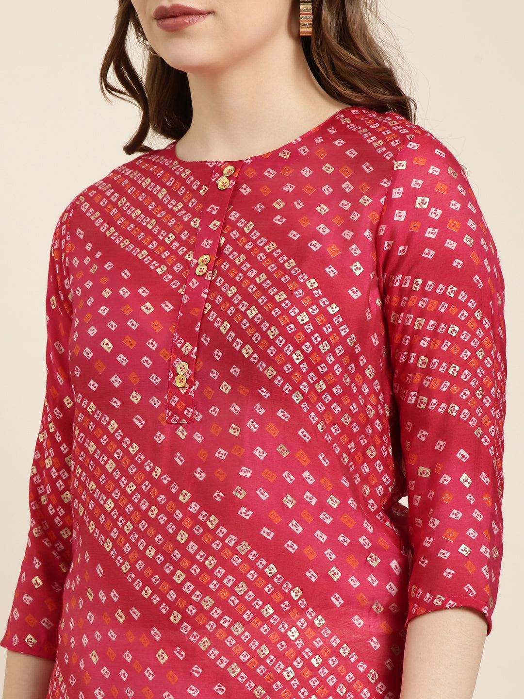 Women Straight Pink Bandhani Kurta