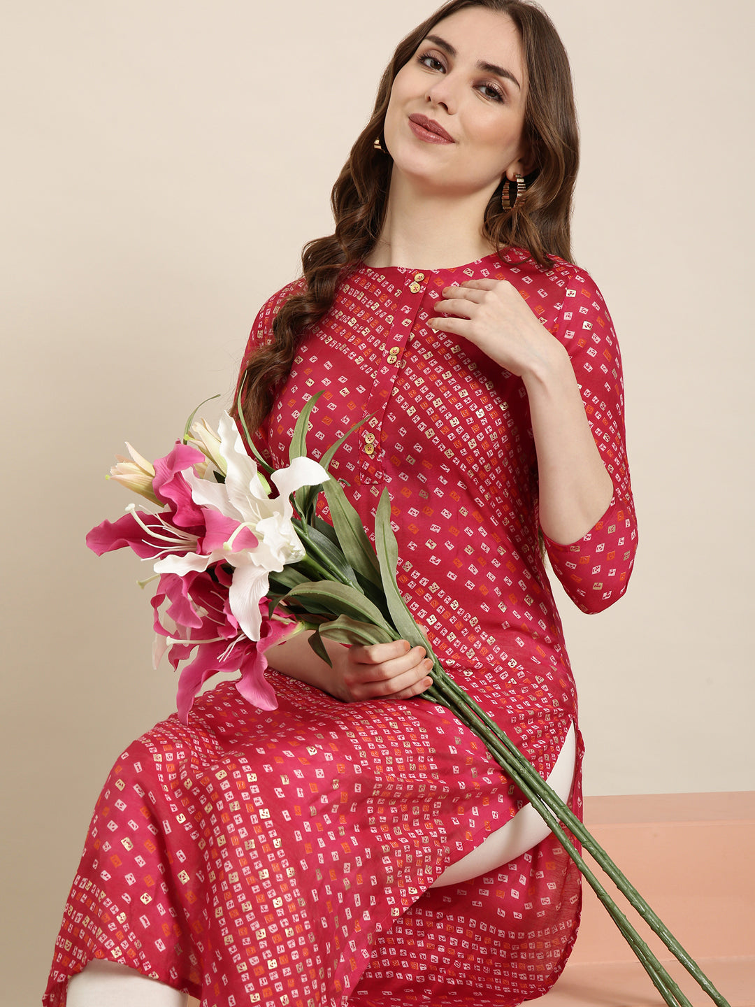 Women Straight Pink Bandhani Kurta