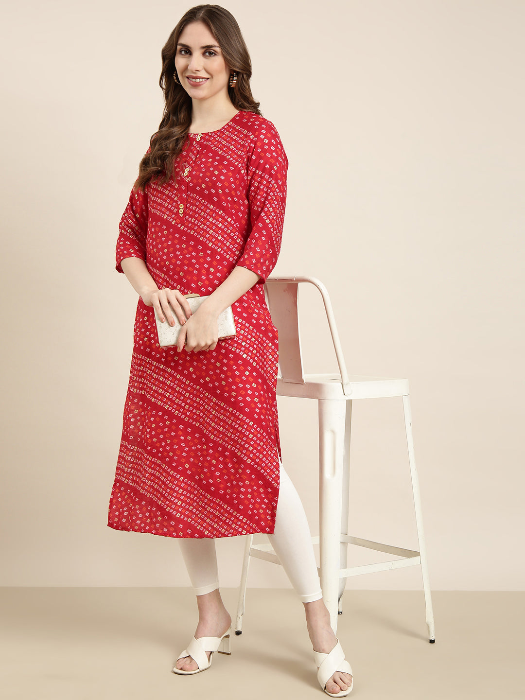 Women Straight Red Bandhani Kurta