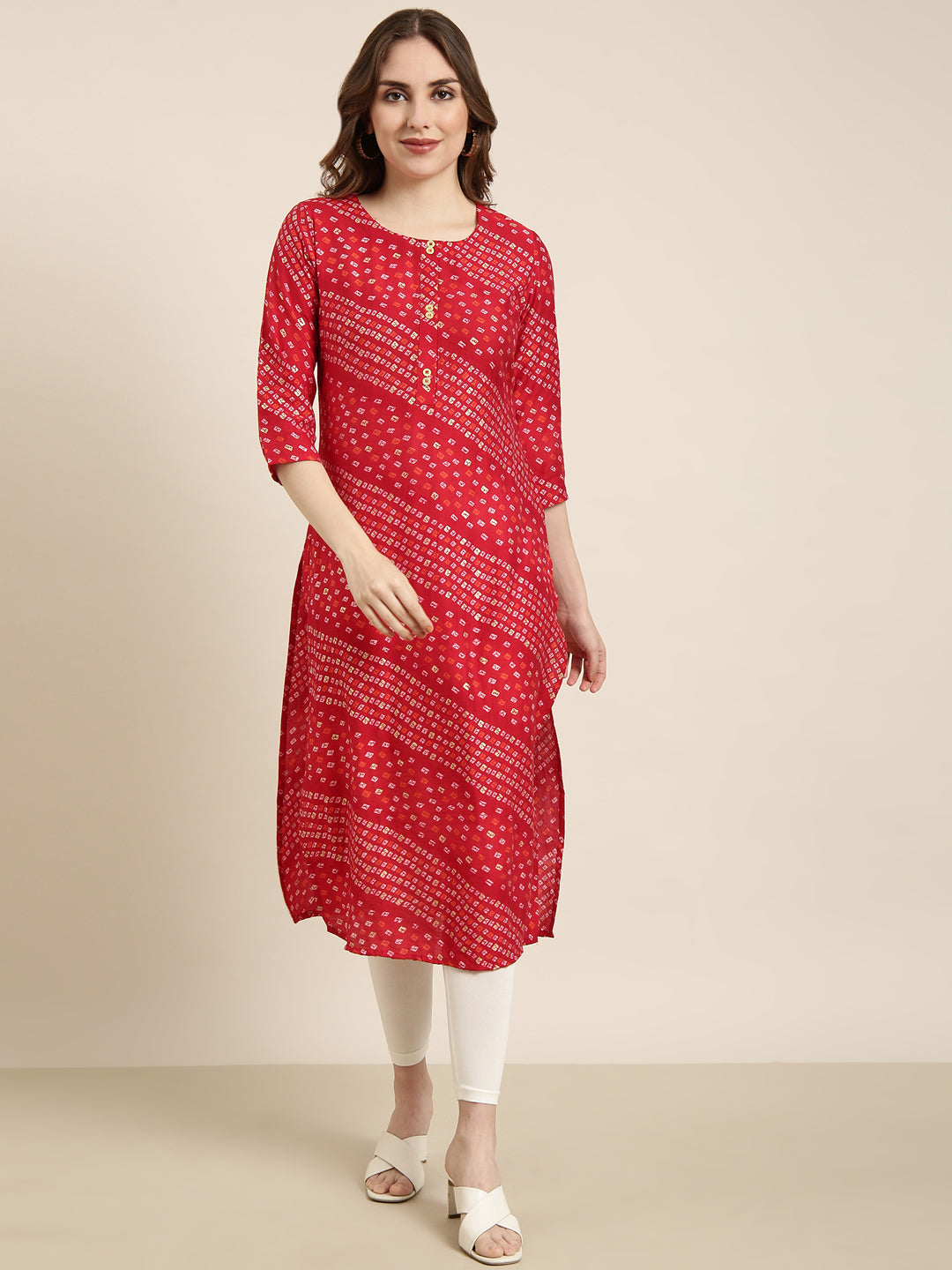 Women Straight Red Bandhani Kurta