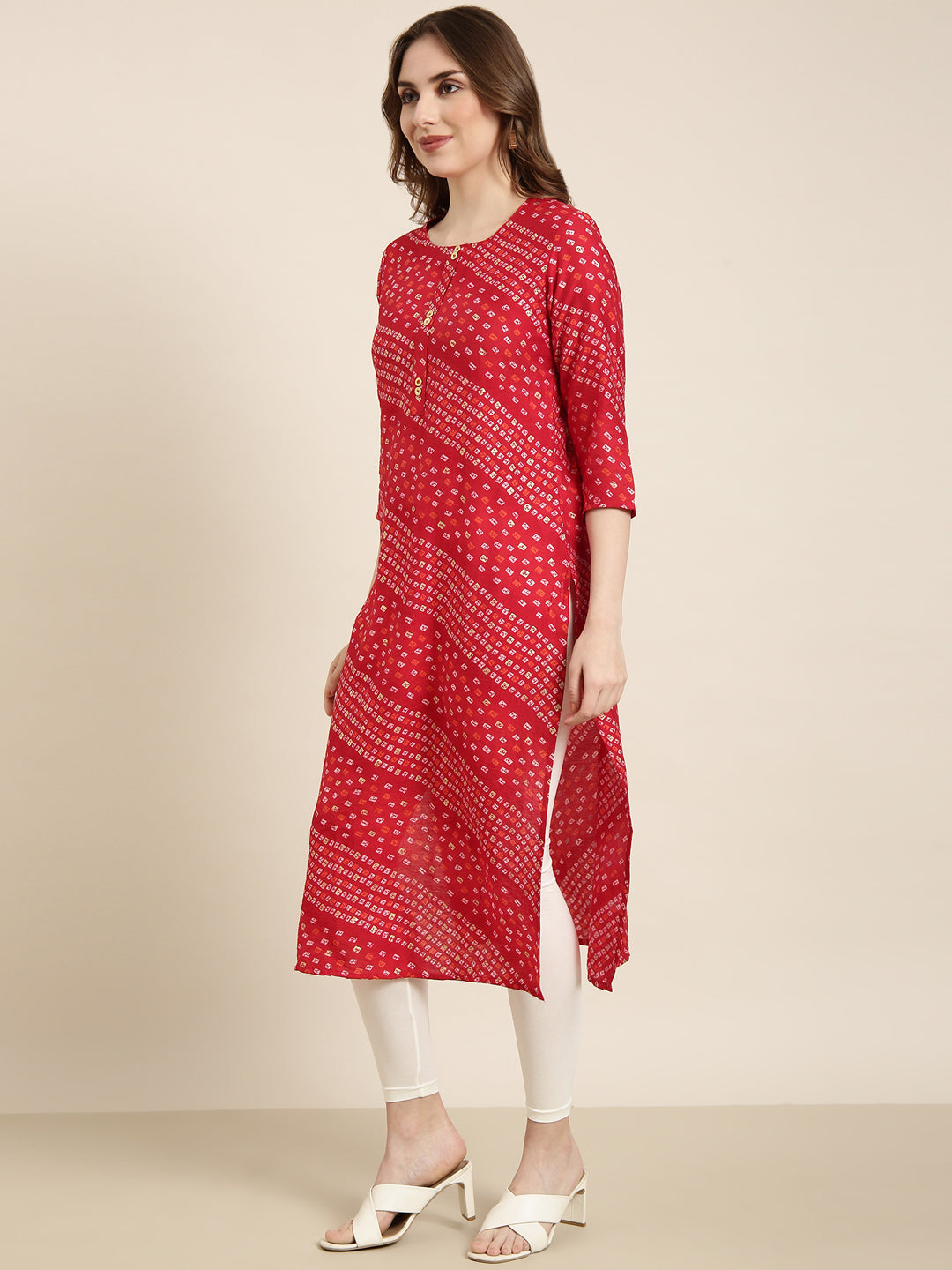 Women Straight Red Bandhani Kurta