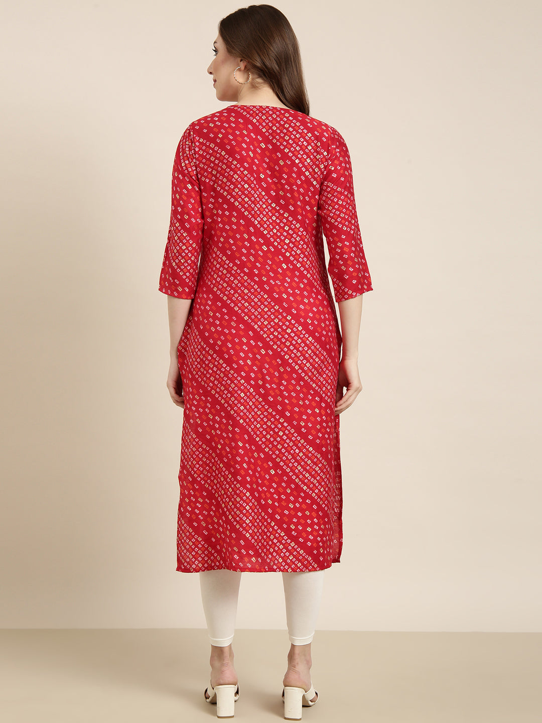 Women Straight Red Bandhani Kurta