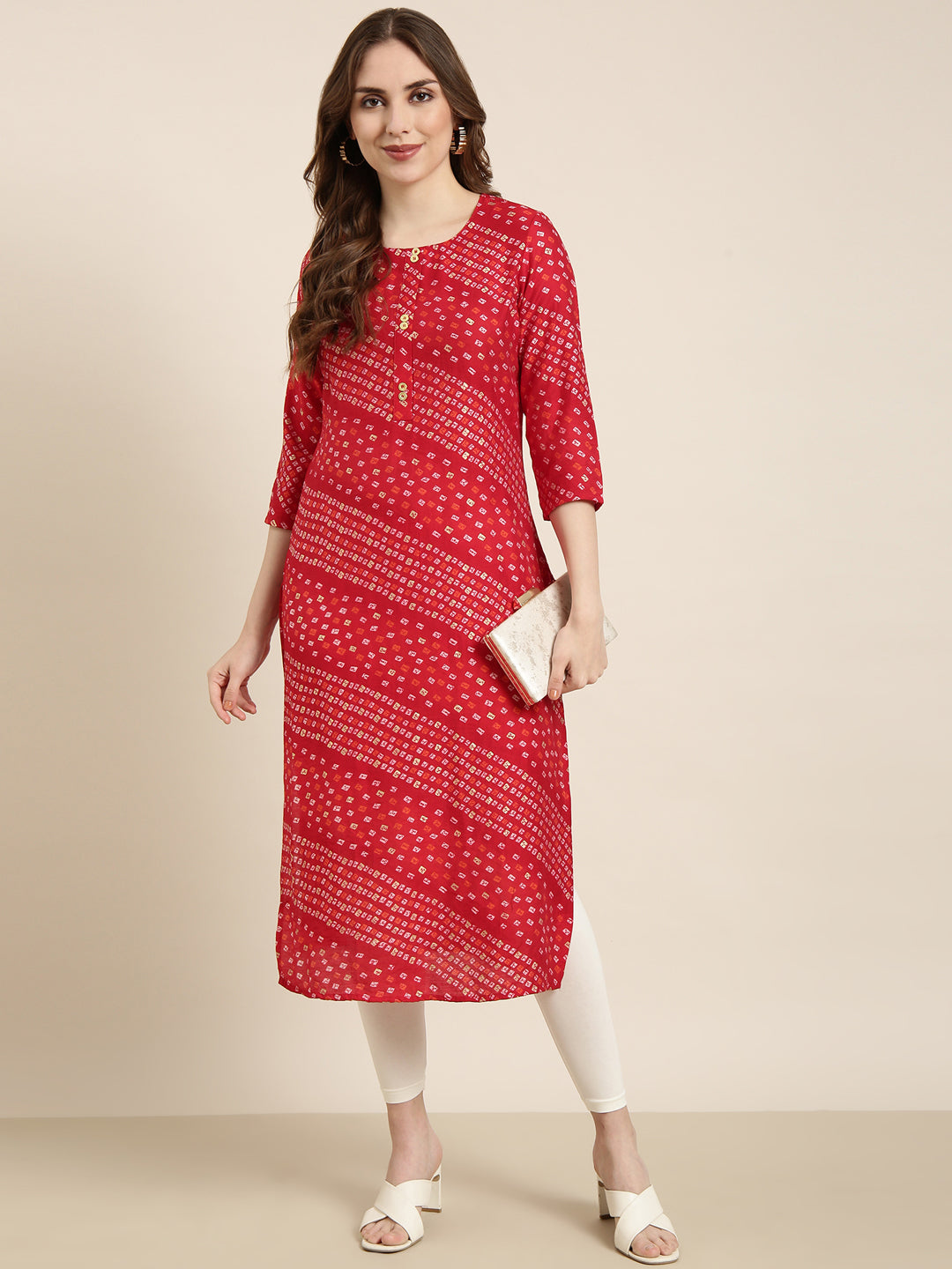 Women Straight Red Bandhani Kurta