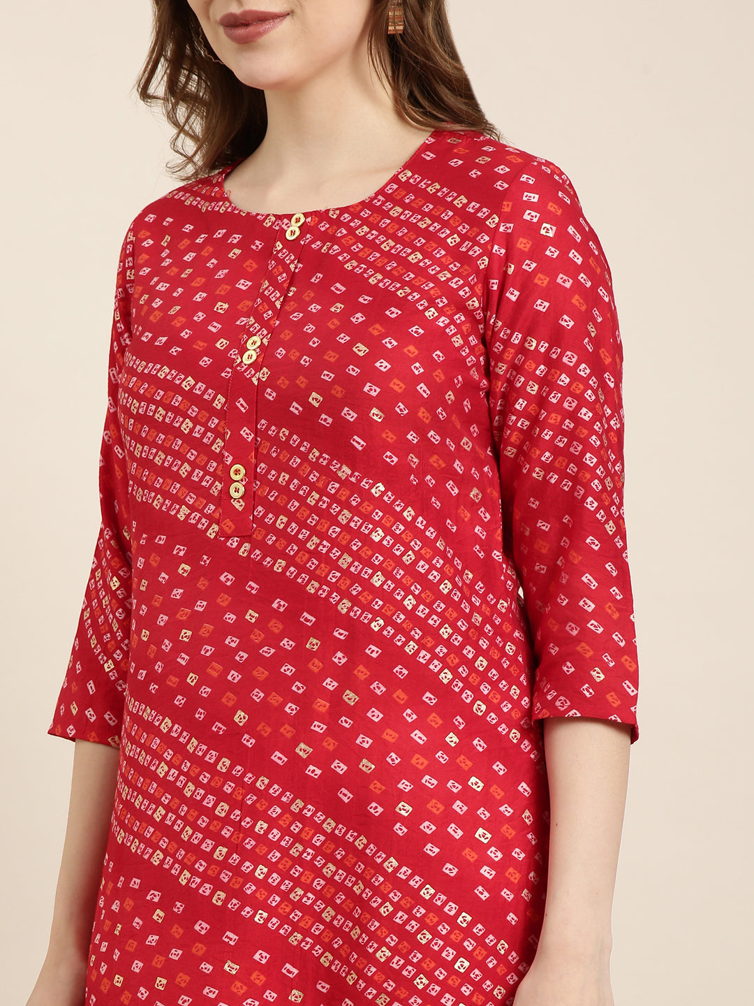 Women Straight Red Bandhani Kurta