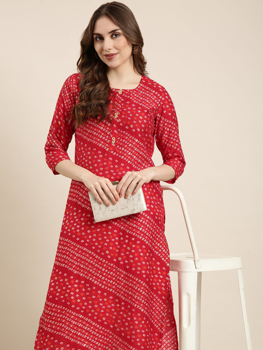 Women Straight Red Bandhani Kurta