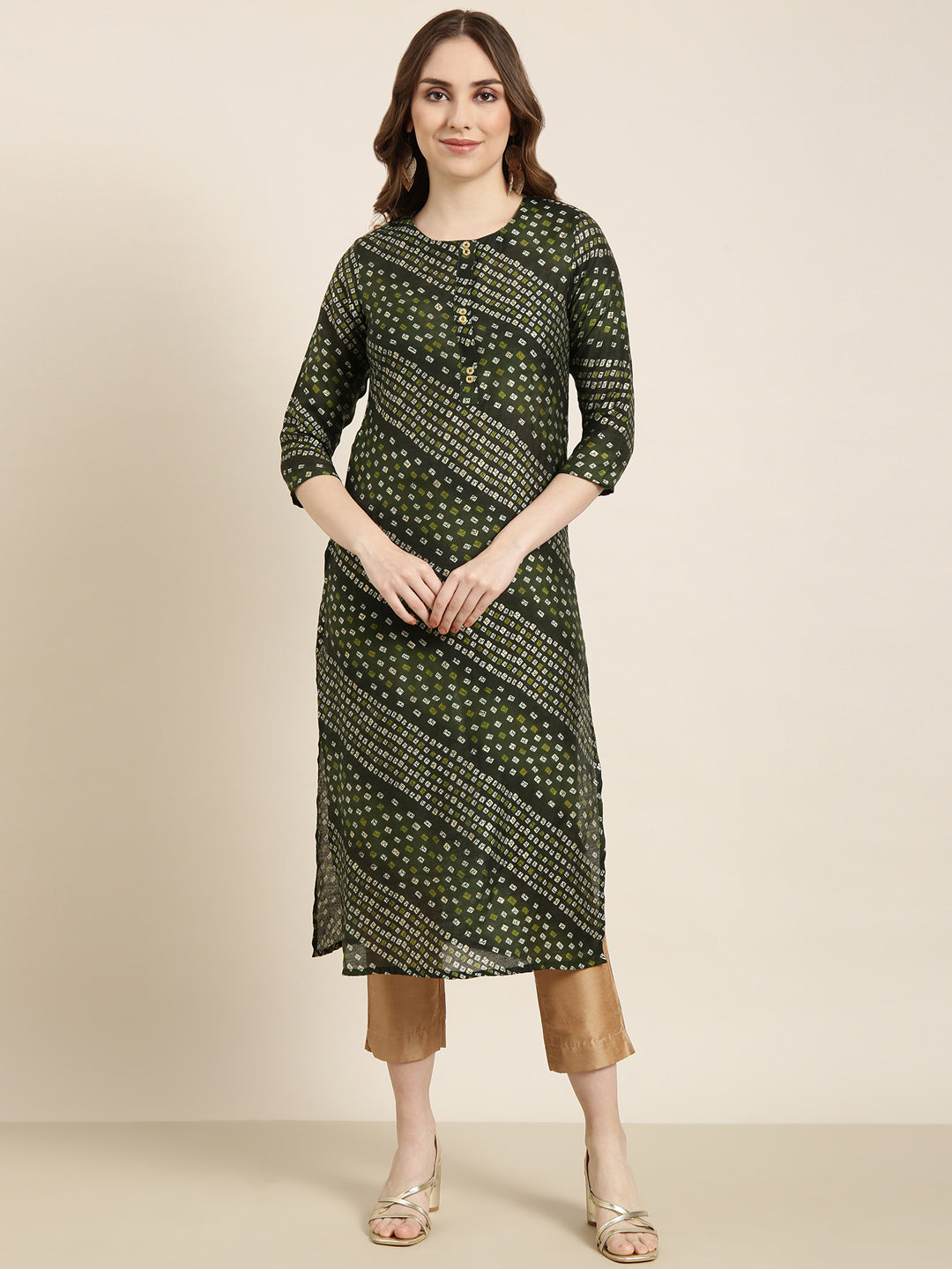 Women Straight Green Bandhani Kurta