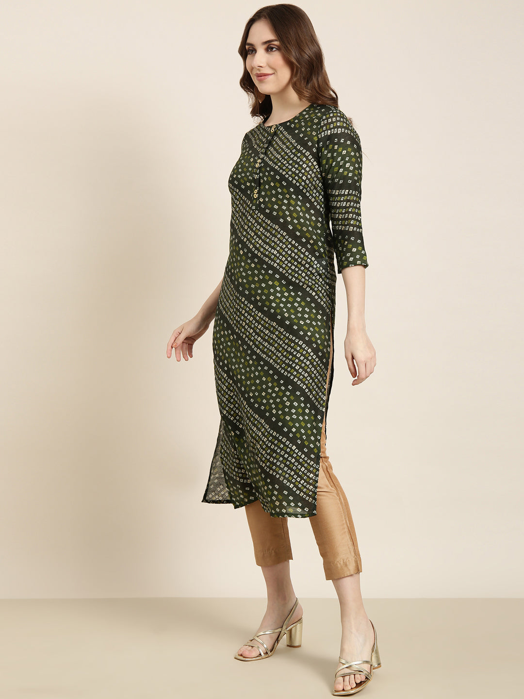 Women Straight Green Bandhani Kurta