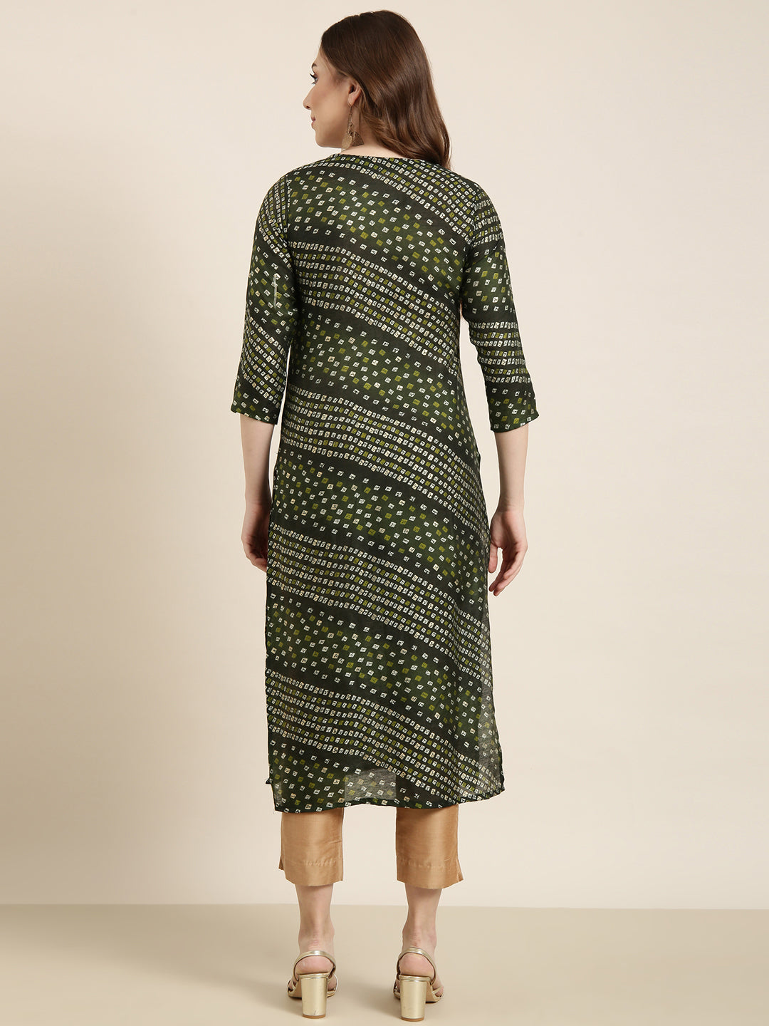 Women Straight Green Bandhani Kurta