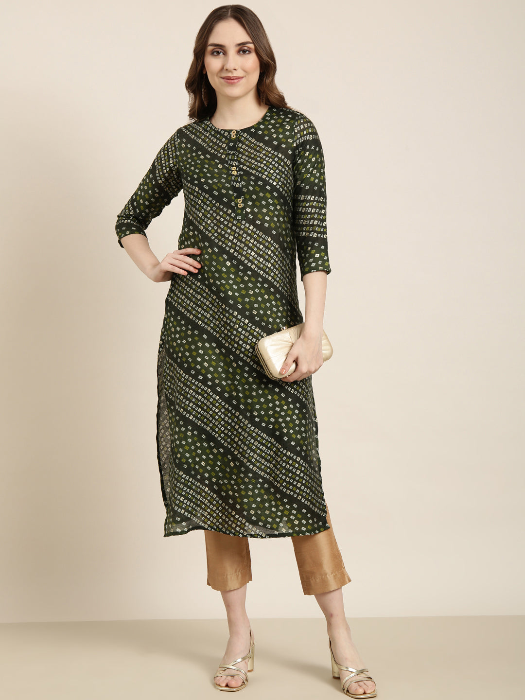 Women Straight Green Bandhani Kurta