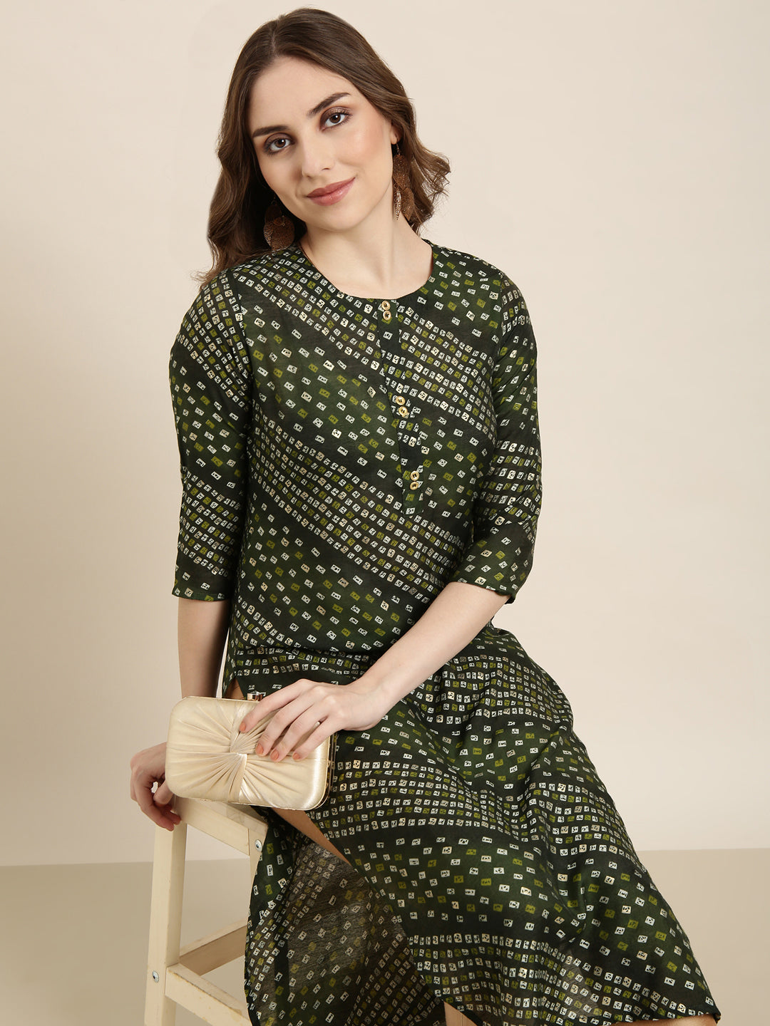 Women Straight Green Bandhani Kurta