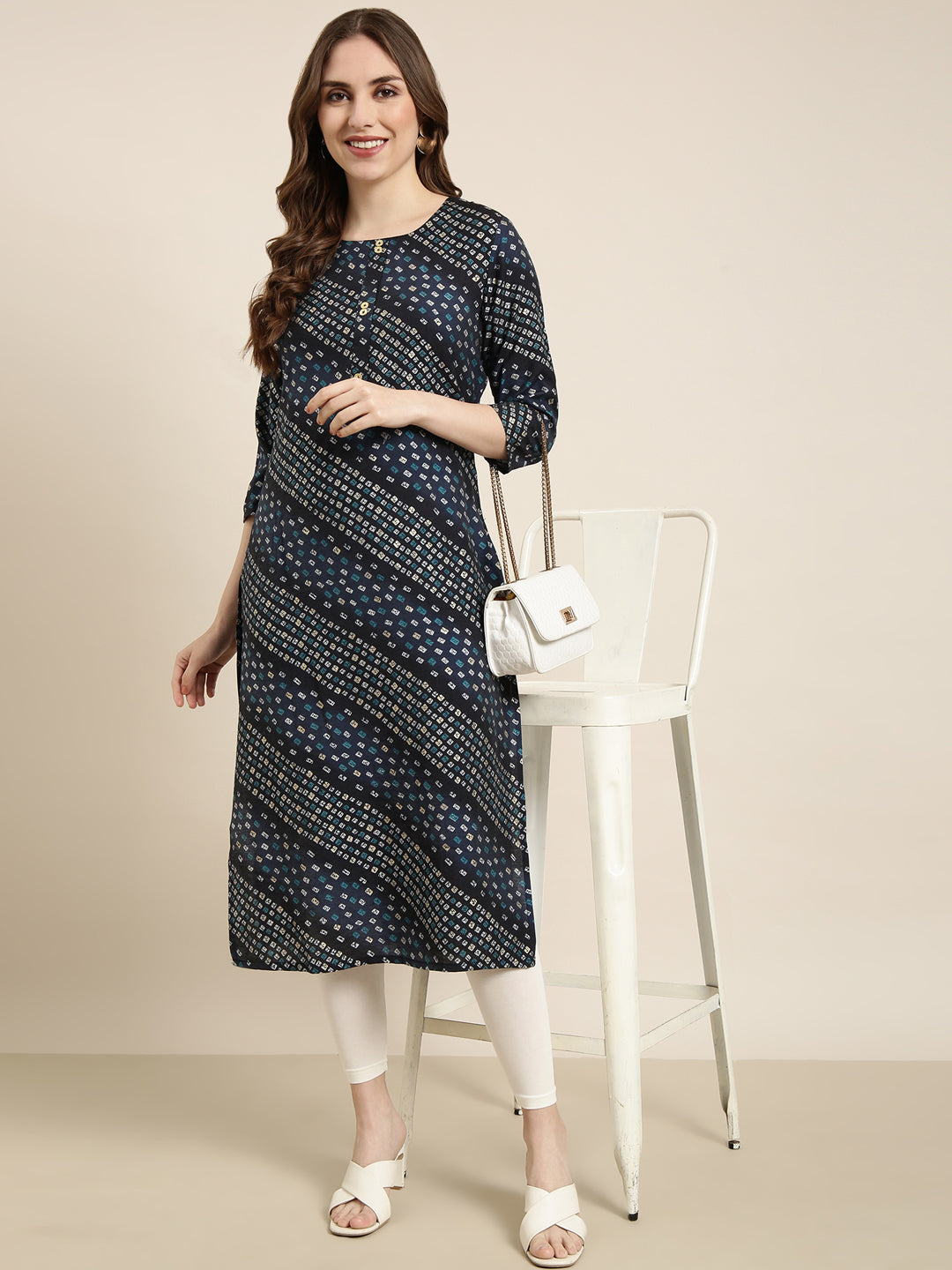 Women Straight Navy Blue Bandhani Kurta