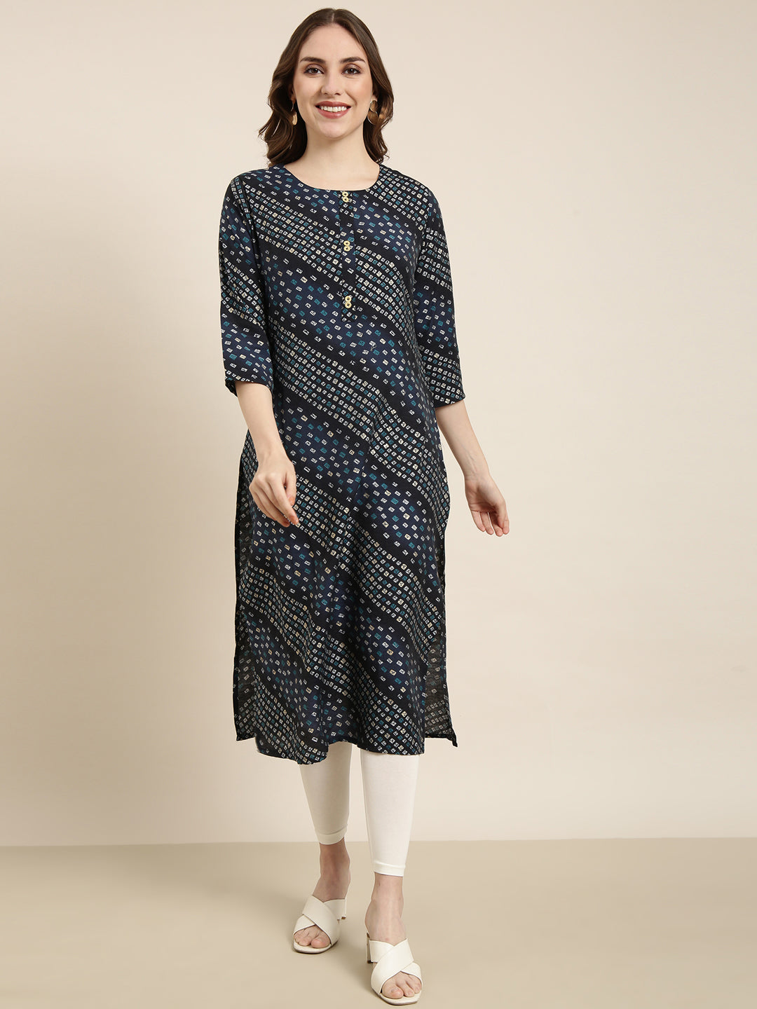 Women Straight Navy Blue Bandhani Kurta