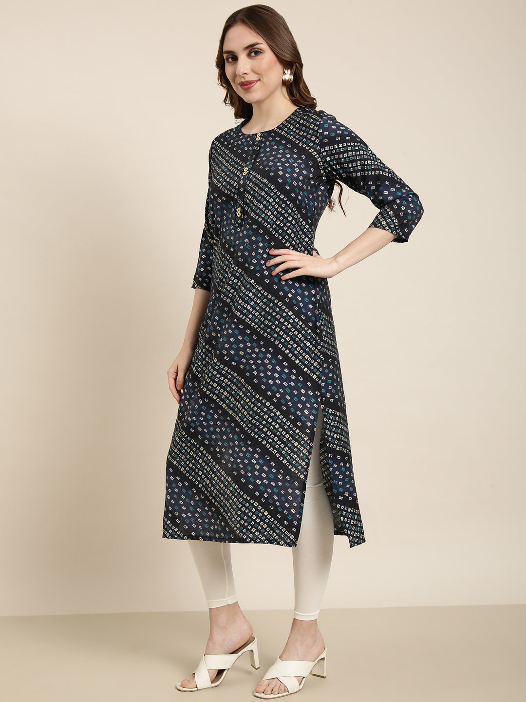 Women Straight Navy Blue Bandhani Kurta