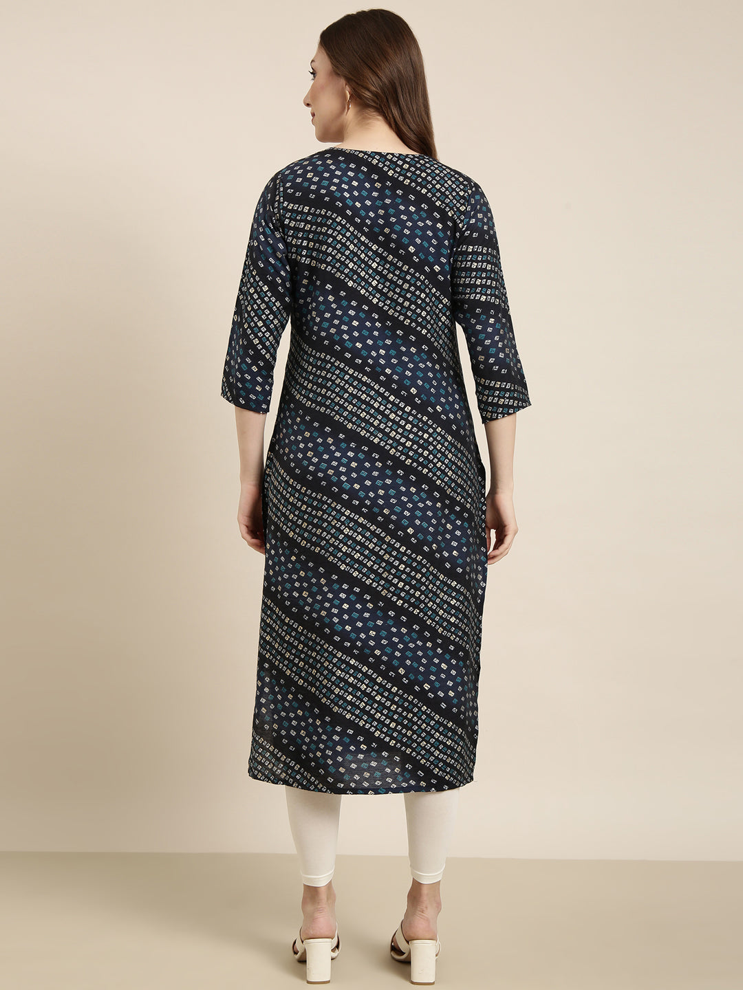 Women Straight Navy Blue Bandhani Kurta