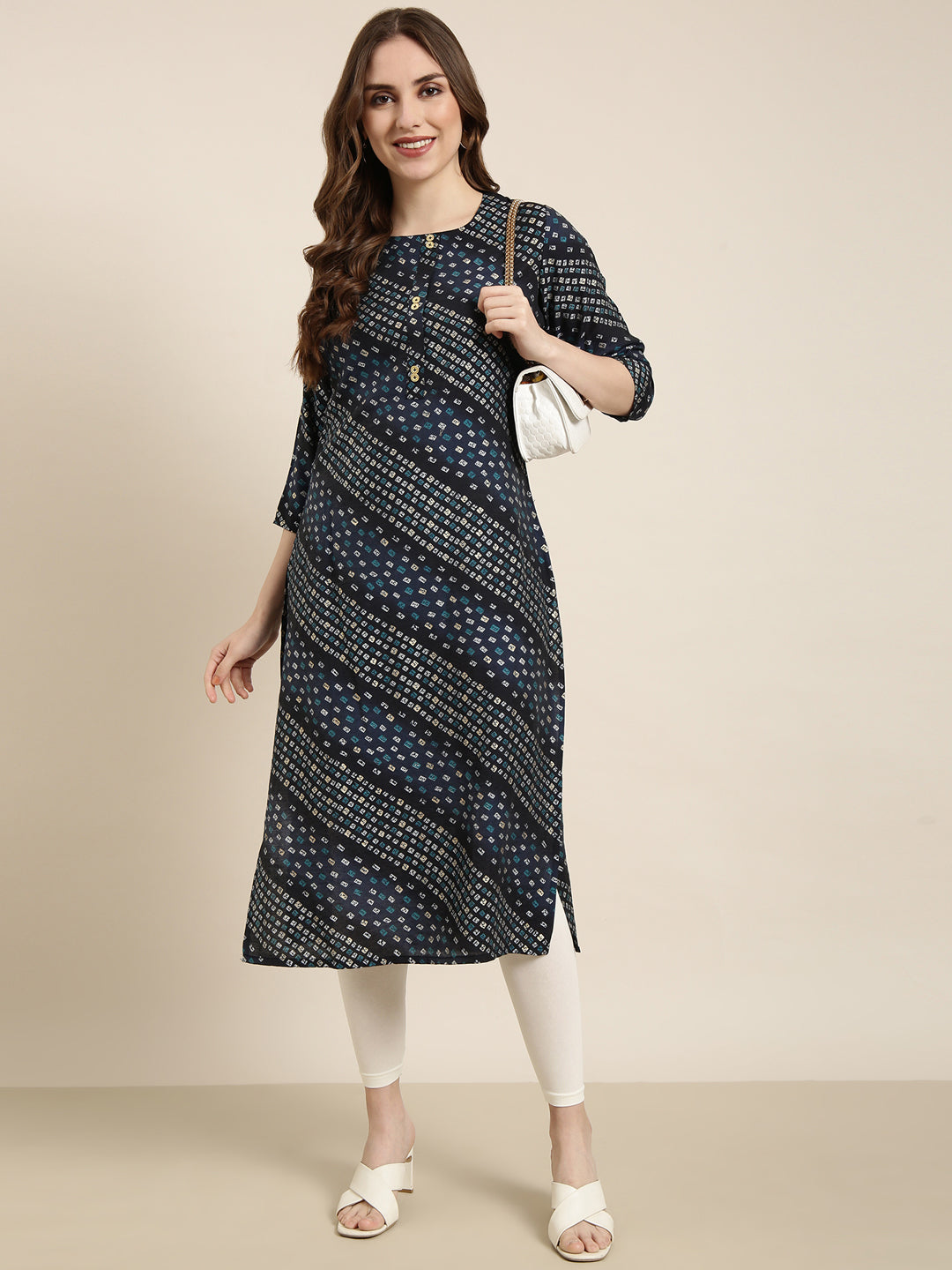 Women Straight Navy Blue Bandhani Kurta