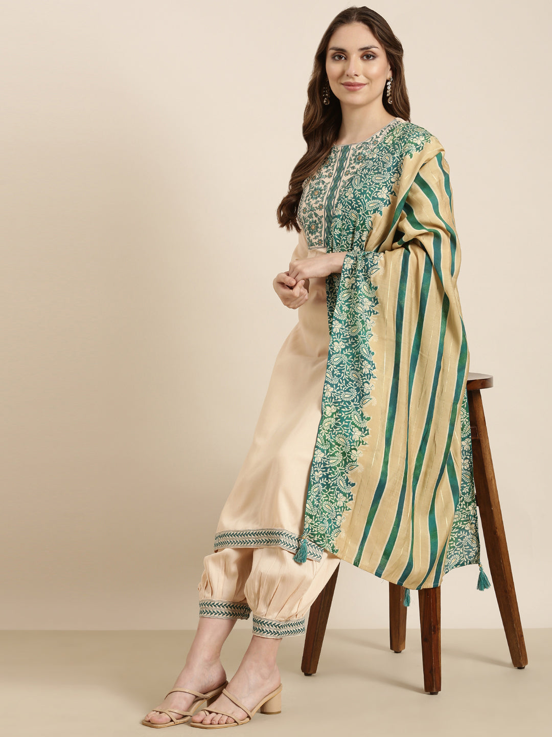 Women Straight Peach Solid Kurta and Patiala Set Comes With Dupatta