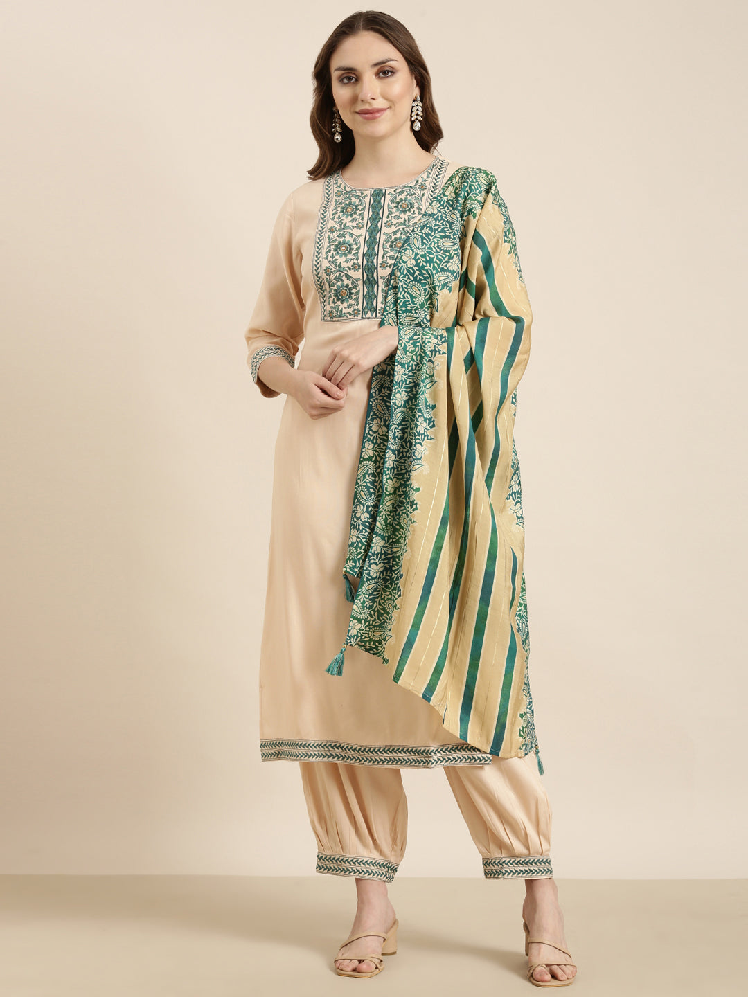 Women Straight Peach Solid Kurta and Patiala Set Comes With Dupatta