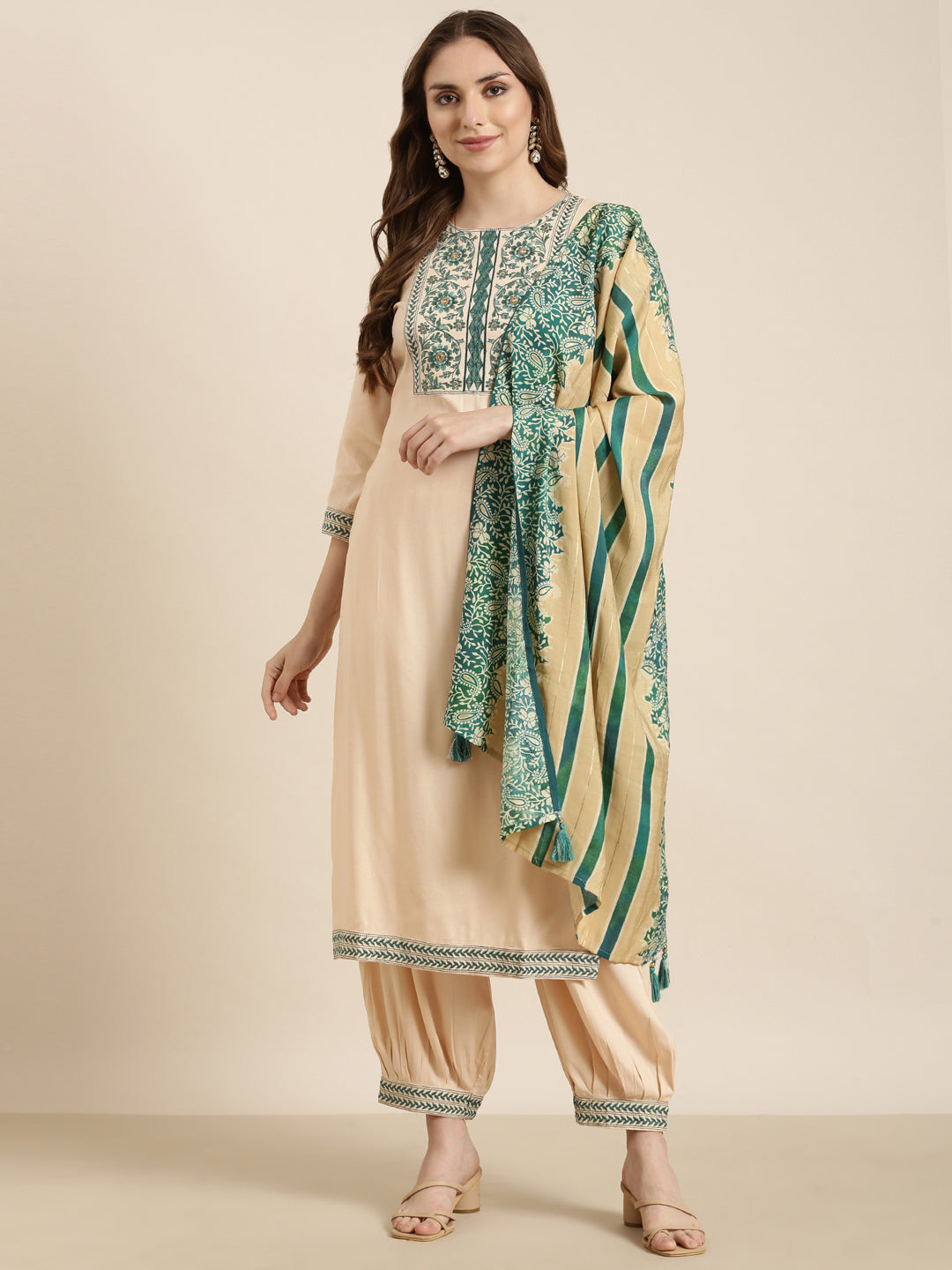 Women Straight Peach Solid Kurta and Patiala Set Comes With Dupatta