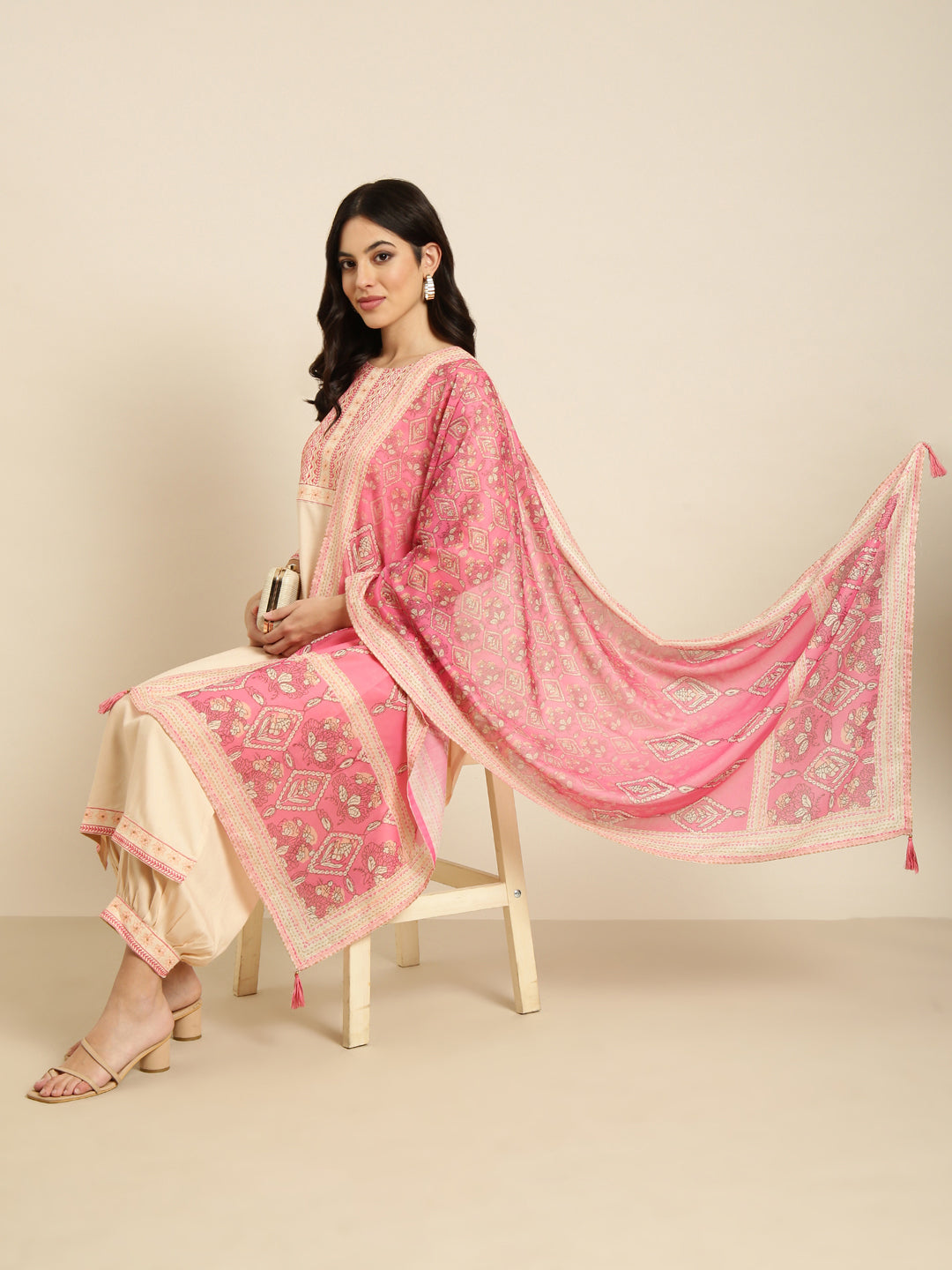 Women Straight Peach Solid Kurta and Patiala Set Comes With Dupatta